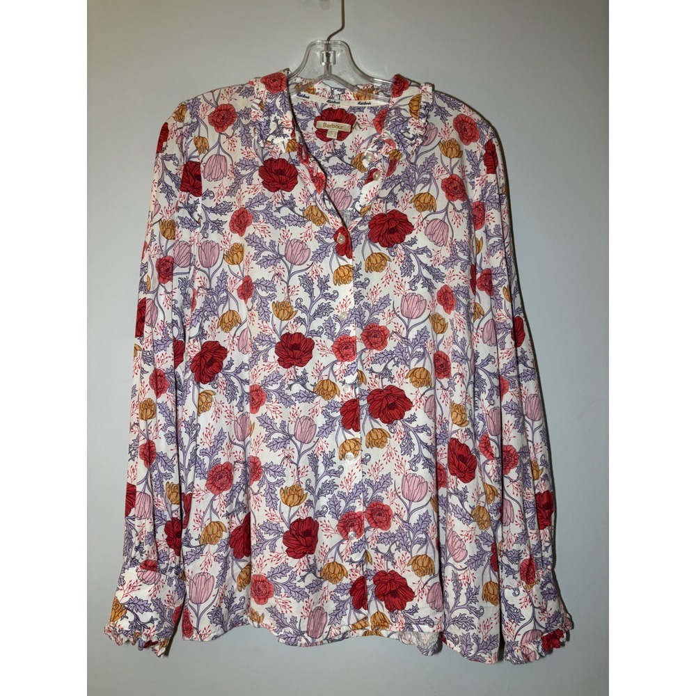 Barbour Nahla Shirt Womens 12 White Floral Ruffle Collar Lyocell Blouse LSH1525